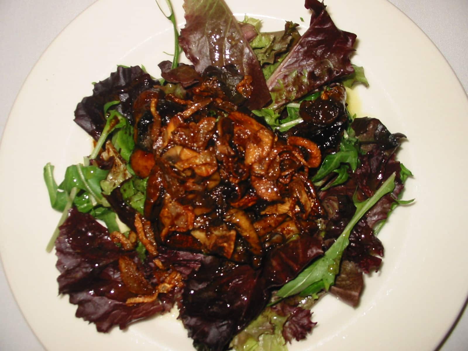 Warm Roasted Wild Mushrooms Salad with Balsamic Syrup, Caramelized Shallots & Truffle Oil 